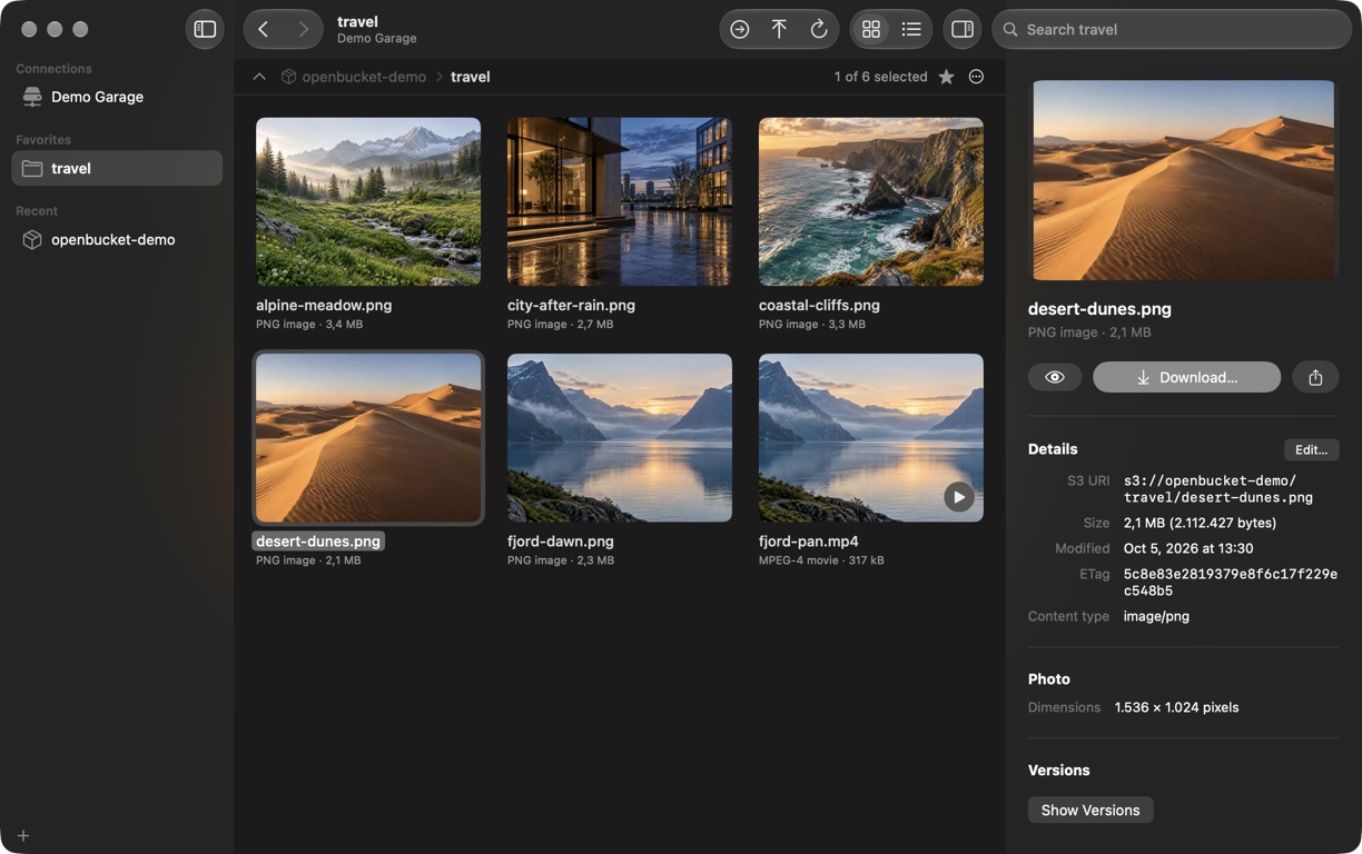 OpenBucket in grid view: thumbnails of a travel folder, with the Info panel showing a selected photo's S3 URI, size, ETag and dimensions.